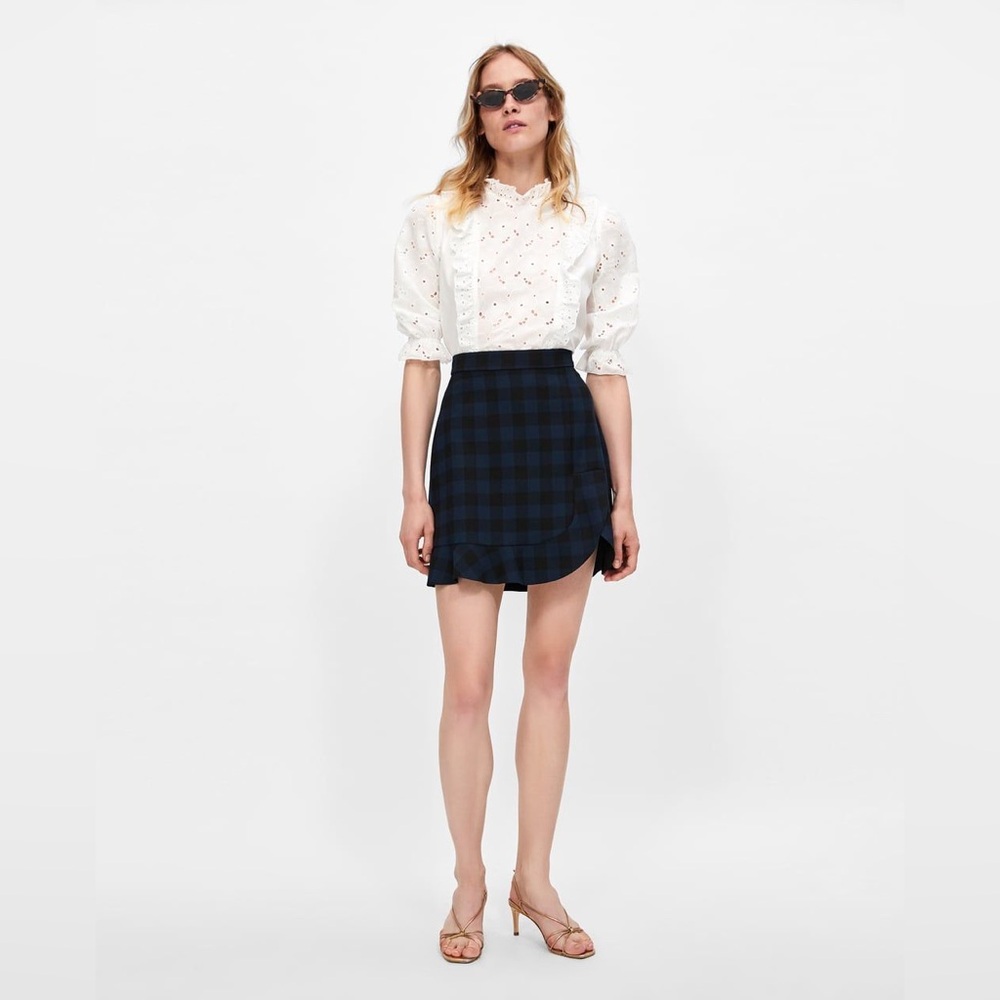 Zara Checkered Black and Blue Mini Skirt